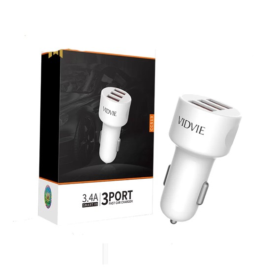 CARGADOR DE VEHICULO VIDVIE 3 PUERTOS USB + CABLE TIPO-C 3.0 (CC513)